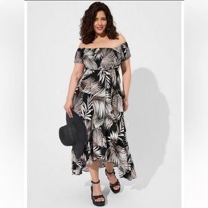 Torrid Maxi Challis Off Shoulder Tulip Hi-Low Dress - Palm Print
